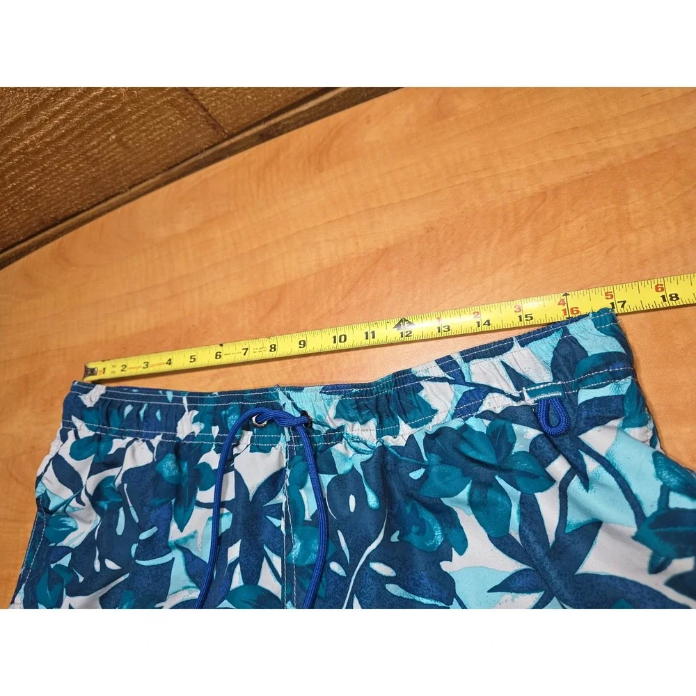 Lands End Mens Tropical Floral Swim Trunks Blue Teal Monstera Board Shorts Med
